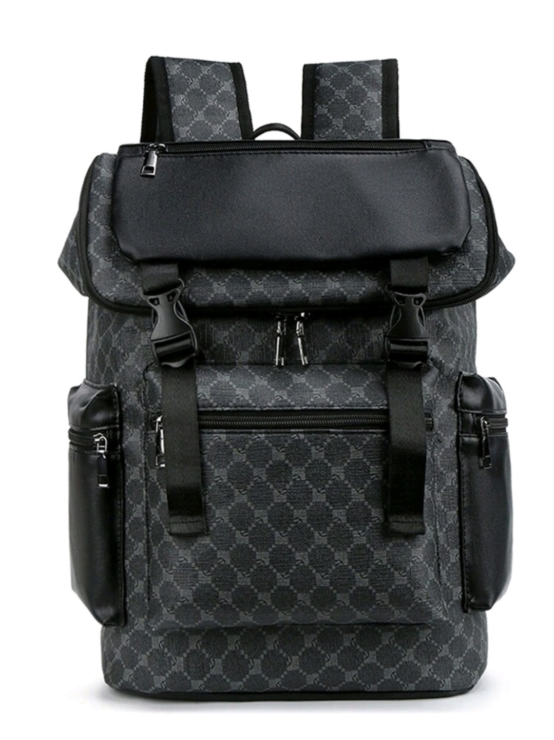 1pc Men Fashion Backpack, Casual Daypack With Printing, Large Capacity Travel Laptop Rucksack, Hiking Backpack With Zipper, PVC Black Bag, Gift For Men, Men's Accessories
